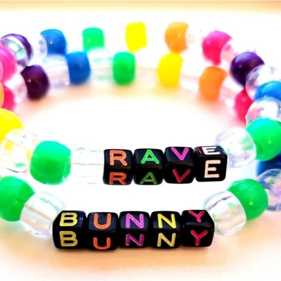 Rave Bunny Rainbow Kandi bracelet set with gummy bear charm - Picture 2 of 4